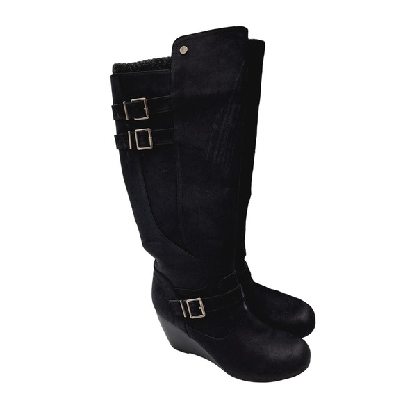 Chelsee Girl Black Knee High Wedge Heel 9 - Picture 1 of 15